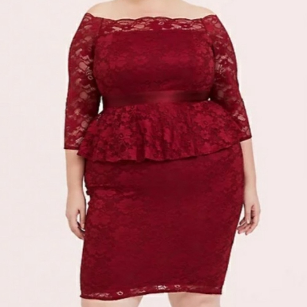 Dark Red Off Shoulder Lace Dress by Torrid